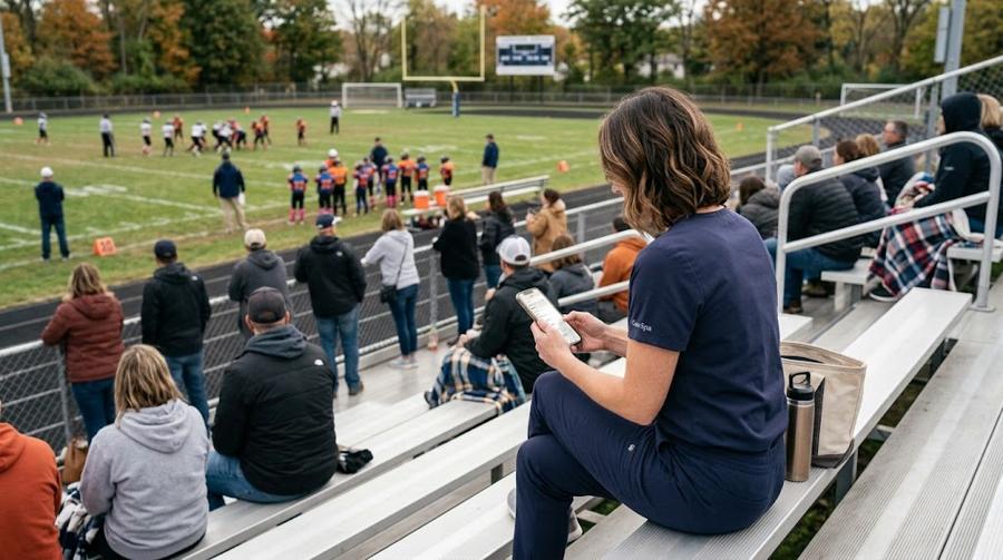 A provider looking at her phone in the bleachers at a kids&rsquo; football game