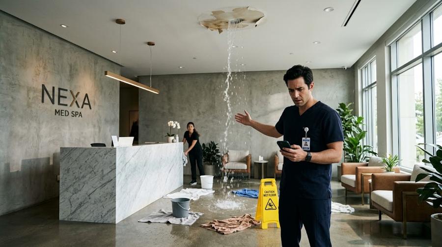 A staff member on his phone in the spa lobby as water pours through the ceiling